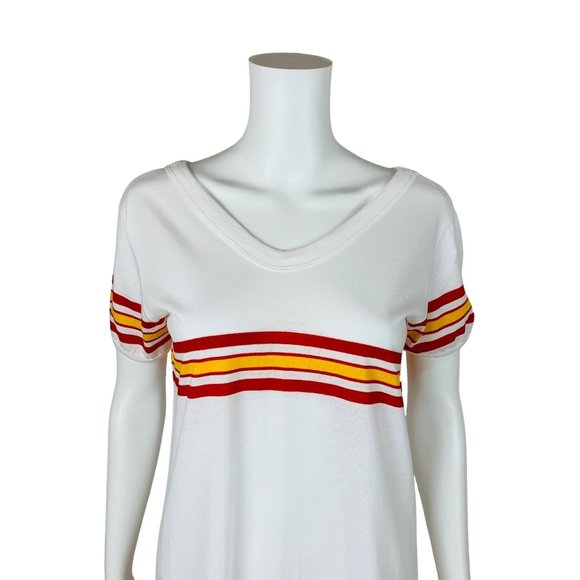 Vintage 70s Red Yellow Striped Tunic Tee V-neck T-Shirt B 37" - Picture 3 of 11
